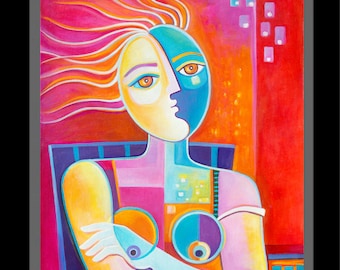 Modern Abstract Art Original Cubist Oil Painting on canvas Enlightened Woman by Marlina Vera Gallery Artwork Picasso Style fauve Pop Artwork