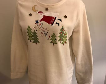 Christmas tacky ugly cream sweater Santa Claus trees 8/10