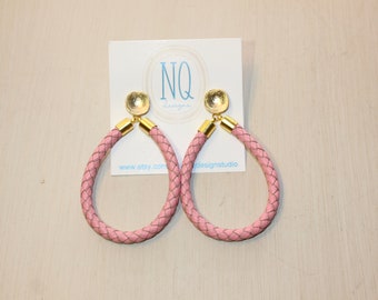 Pink braided leather earrings