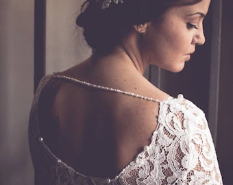 SALE Gabby Stunning Lace WEDDING TOP with Deep Round Back Neckline and Pearl Strap