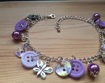 Purple Flower Button Charm Bracelet
