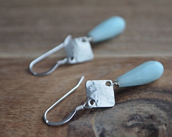 Long Blue Earrings, Amazonite Hammered Silver Earrings, Gift For Her, Blue Gemstone Earrings, Blue Drop Earrings, Boucles D'oreilles