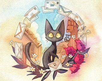 Jiji from Kiki's Delivery Service 11x11 Studio Ghibli Waterocolor Poster Print