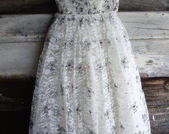 Vintage 1950's White and Black with Silver Tulle and Lace Strapless Party Prom Dress * XXS XS