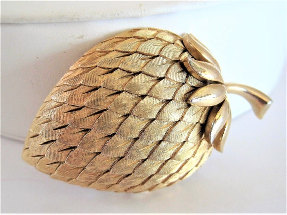 Crown Trifari Brooch, Strawberry Brushed Gold, Vintage Fruit Leaf Stem Pin
