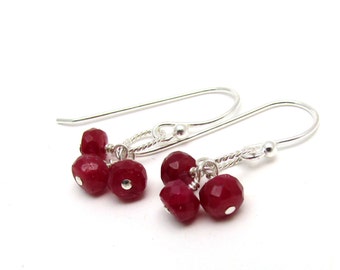 Red ruby earrings, red cluster earrings, July birthstone jewelry, gold ruby jewelry, genuine ruby birthstone, sterling silver ruby jewelry