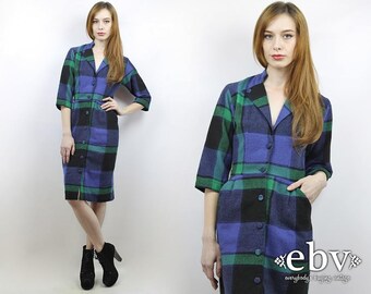 Bombshell Dress 80s Plaid Dress 90s Plaid Dress Blue Plaid Dress Vintage Plaid Dress Fitted Dress Vintage 80s 90s Fitted Plaid Dress S