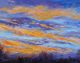 Original sunrise landscape painting, Palette Knife Oil Painting "New Day" Provence Impressionist sky painting, by Marion Hedger, 10x12inch