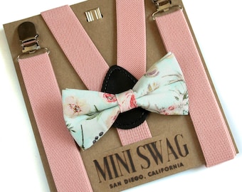 Blush Pink Wedding Suspenders, Boho Wedding Bow Tie, Toddler Suspenders, Ring Bearer Outfit, Baby Suspenders and Bow Tie, Cake Smash Outfit