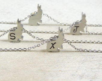 Silver rabbit necklace, bunny necklace, initial necklace, letter necklace, Easter bunny necklace, rabbit necklace, hare necklace