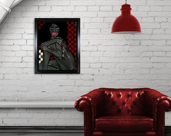 Original acrylic painting woman/checkerboard