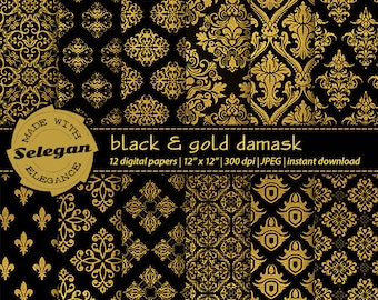Black and Gold Damask digital scrapbook paper 12x12 royal printable black gold pattern european texture background