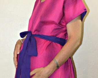 SALE - LINED Medium Maternity Hospital Delivery Gown - Purple Polka Dots on Hot Pink - Ready to Ship-One of a Kind - by Mommy Moxie on Etsy