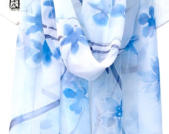 Blue silk shawl, Silk Scarf, Blue silk scarf, Handpainted, Japan Art, Japan Scarf, Takuyo, Chiffon Scarf, Blue Cherry Blossom, 22x90 in.