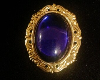 Vintage Oval Filigree Blue Cabochon Brooch