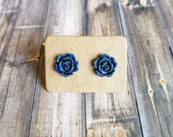 Sparkly, Blue Green, Shimmering Stud Earrings with 304 Stainless Steel Posts. Hypoallergenic. 10mm