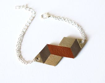 Geometric Leather Bracelet, Camel, Taupe, Gold