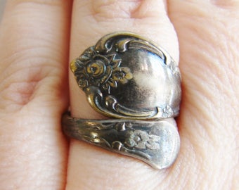 Vintage victorian style tarnished silver spoon ring- fully adjustable