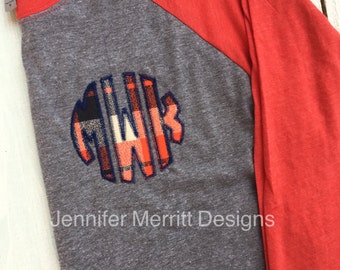 monogram shirt, baseball tee monogram, monogrammed raglan, monogrammed baseball shirt, monogrammed shirt, plaid monogram Gift for Her