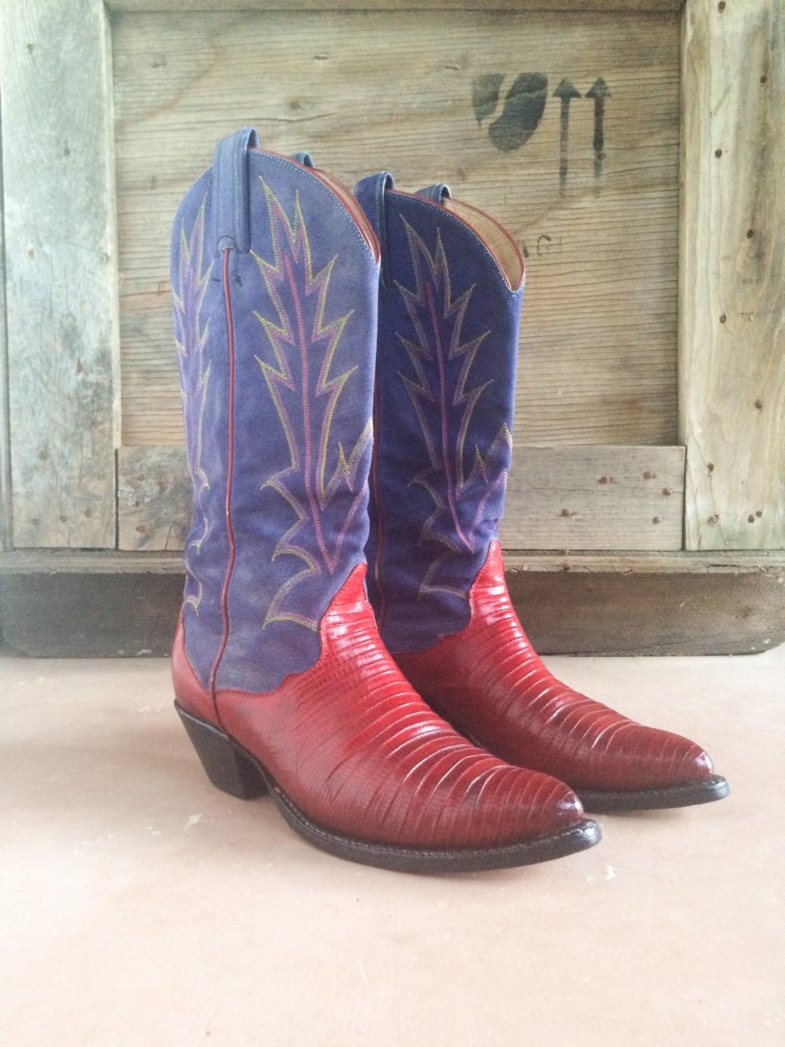 Vintage Women's Cowboy Boots Lizard Skin Red Cowgirl Boots with Blue ...