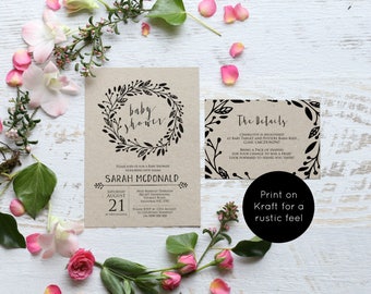 Baby Shower Invitation Template, Rustic Baby Shower Invitation Printable, Details Card, Books for Baby Card, Instant Download, WLP610
