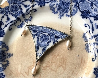 Broken china jewelry - statement necklace - antique Art Nouveau, flow blue china, sterling chain, beautiful pearls, Dishfunctional Designs