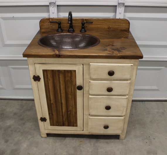 Rustic Farmhouse Vanity - Copper Sink - 32"- antique white - Bathroom Vanity - Bathroom Vanity with Sink - Rustic Vanity - Farmhouse Vanity