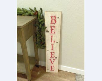 Medium Vertical Cream & Red Distressed Christmas 'Believe' Sign with Snowflakes, wood handpainte sign, christmas decorations