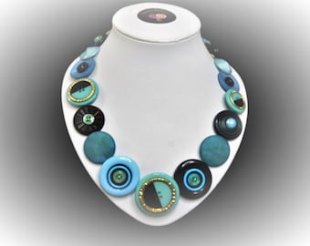 Button necklace - Aqua Swirl. Gift for her, boho necklace, statement necklace, unique gift, buttons, handmade jewelry, Mothers Day, OOAK