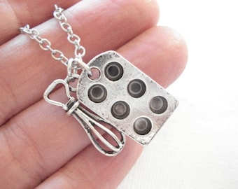 Cupcake Pan Necklace Bakers Necklace Cupcake and Whisk Necklace Muffin Pan with Whisk, Cooking Jewelry