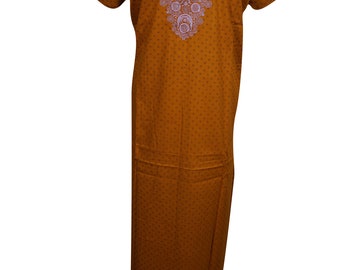 Womens Maxi Dress Caftan Short Sleeves Neck Embroidered Cotton Boho Summer Kaftan Nightgown L