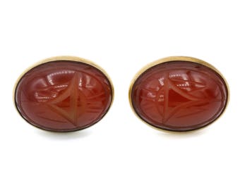 14K GF Gemstones Scarab Earrings, Carved Carneilan Earrings, Symmetalic ? Jewelry, Gold Over Sterling, Screw Back Earrings, Egyptian Revival