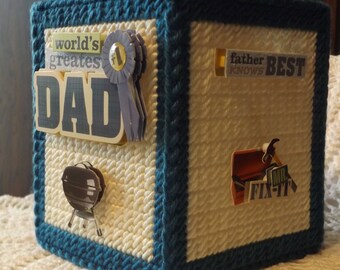 Honoring Dad / Father - Father's Day - Tissue box cover - handmade - plastic canvas - boutique size