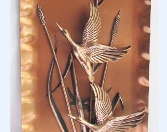 Vintage 70s Mid Century Copper Wall Plaque Picture Flying Ducks Tretchikoff Era