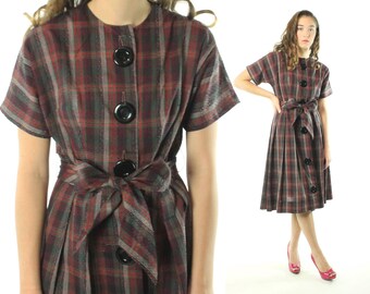 Vintage 50s Plaid Day Dress Short Sleeves Full Skirt Plum Big Black Buttons Checked 1950s Medium M Pinup Rockabilly