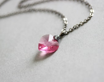 Pink Heart Necklace Swarovski Crystal Heart Crystal Pendant Swarovski Bead Necklace Pink Necklace Gift for Girlfriend Pink Heart Pendant