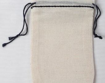 100 Mini 2.3/4 x 4 Cotton Muslin Bags with Black Hem and Black Double Draw String