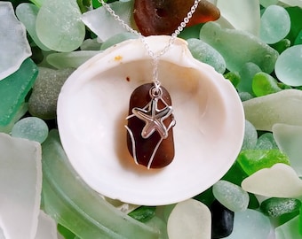 Amber brown sea glass necklace with starfish charm, amber sea glass jewelry,starfish necklace, sea glass necklace, amber sea glass,