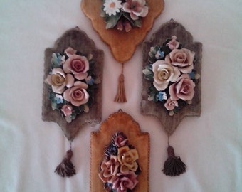 Heygill of Italy Porcelain Flowers on Velvet background wall hanging's