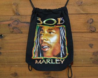 Vintage 1990’s Bob Marley Double Sided String Back Pack Classic Back Pack Leather Sides