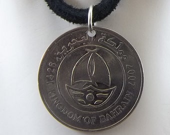 2007 Bahrain Boat Coin Necklace, Mens Necklace, Womens Necklace, Coin Pendant, Leather Cord