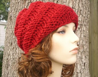 Red Womens Hat - Swirl Beanie Cranberry Red Knit Hat - Red Hat Red Beanie Chunky Knit Hat Womens Accessories Winter Hat