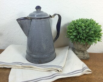 Graniteware Coffee Pot *FREE SHIPPING* Gray Enamelware Coffee Pot Blue Trim