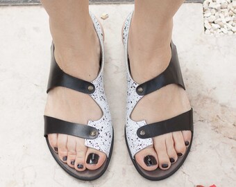 Leather Sandals, Printed Leather Sandals, Summer Shoes, Flat Shoes, Black and White Shoes , Free Shipping