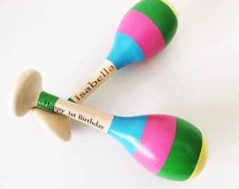 Childrens personalised wooden maracas engraved musical toy