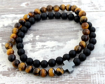 Mens Wrap Bracelet Mens Bracelet Tigers Eye Black Onyx Cross Bracelet Mens Gift Boyfriend Gift Mens Beaded Bracelet Men