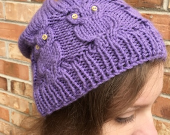 Cabled Owl Beanie with Button Accents, Shown in Custom Purple