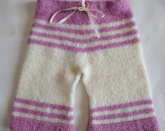 Pantalon de bébé fait à la main en laine rose et blanc vintage
