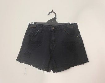 Vintage 1990s Black Denim Shorts High Waisted Mini Shorts with Rip Tear Detailing and Frayed Hem