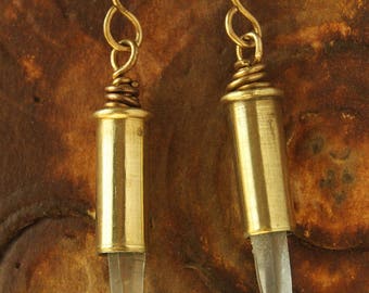 22 Caliber Brass Bullet Shell Casing Earrings with tiny Quartz Crystal Points - BE-CP